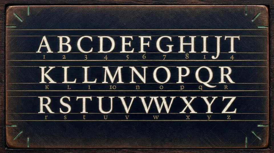 An engraved reference chart showing the Latin alphabet with a numeral beneath each letter