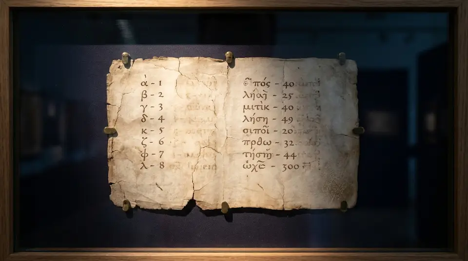A vellum manuscript fragment showing Greek letters paired with their numeral values