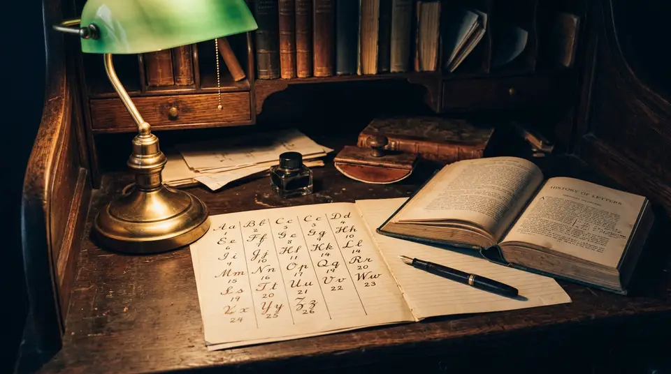 An early 1900s writing desk with a hand-ruled table of the alphabet and numbers beneath each letter